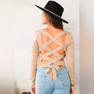 Le Lis Beige Crisscross Back Long Sleeve Top Size M